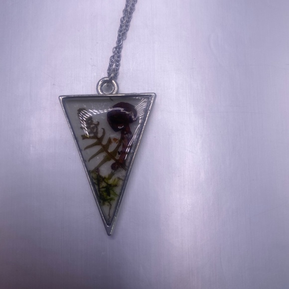 Triangular REAL Mushroom, fern, leaf Necklace, Epoxy Resin Pendant Handmade - Picture 3 of 5